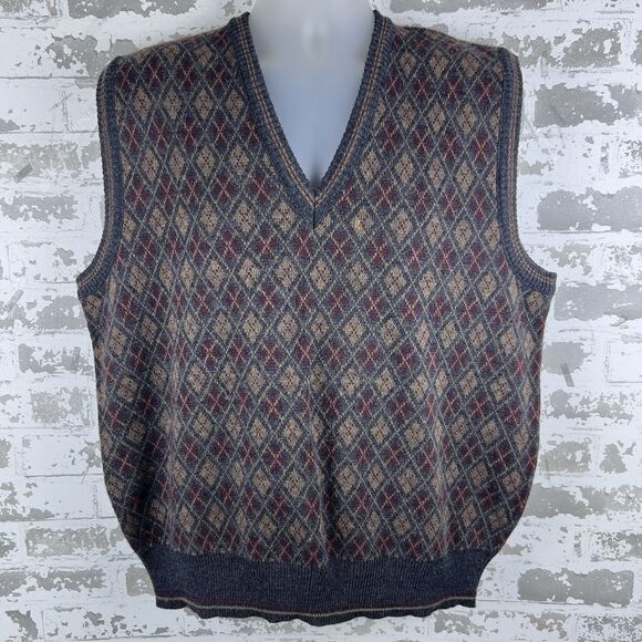 Vtg Wool Blend Sweater Vest XL Argyle Burgundy Gray‎ Made In Italy Scholar Golf - Picture 1 of 10